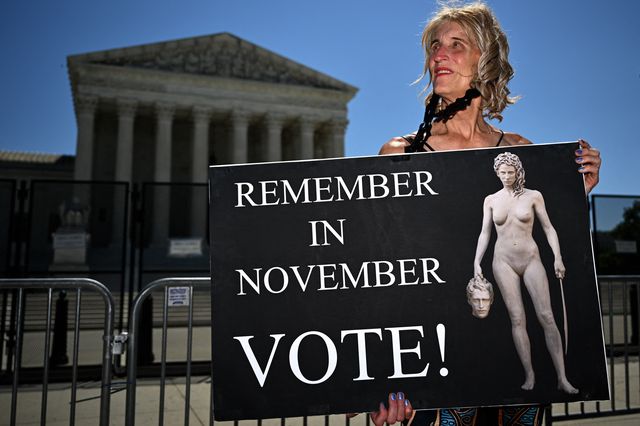 A photo of a protester outside the U.S. Supreme Court building